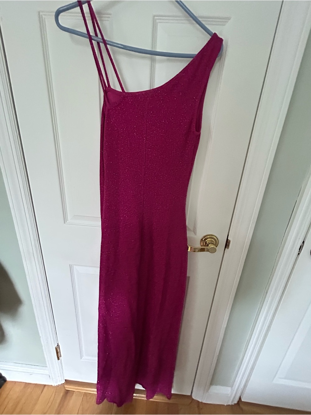 Cache One-Shoulder Sparkle Magenta Gown